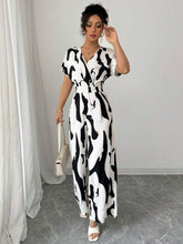 Elenzga Women's Elegant Zebra Floral V-Neck Raglan Sleeve Waist Jumpsuit
